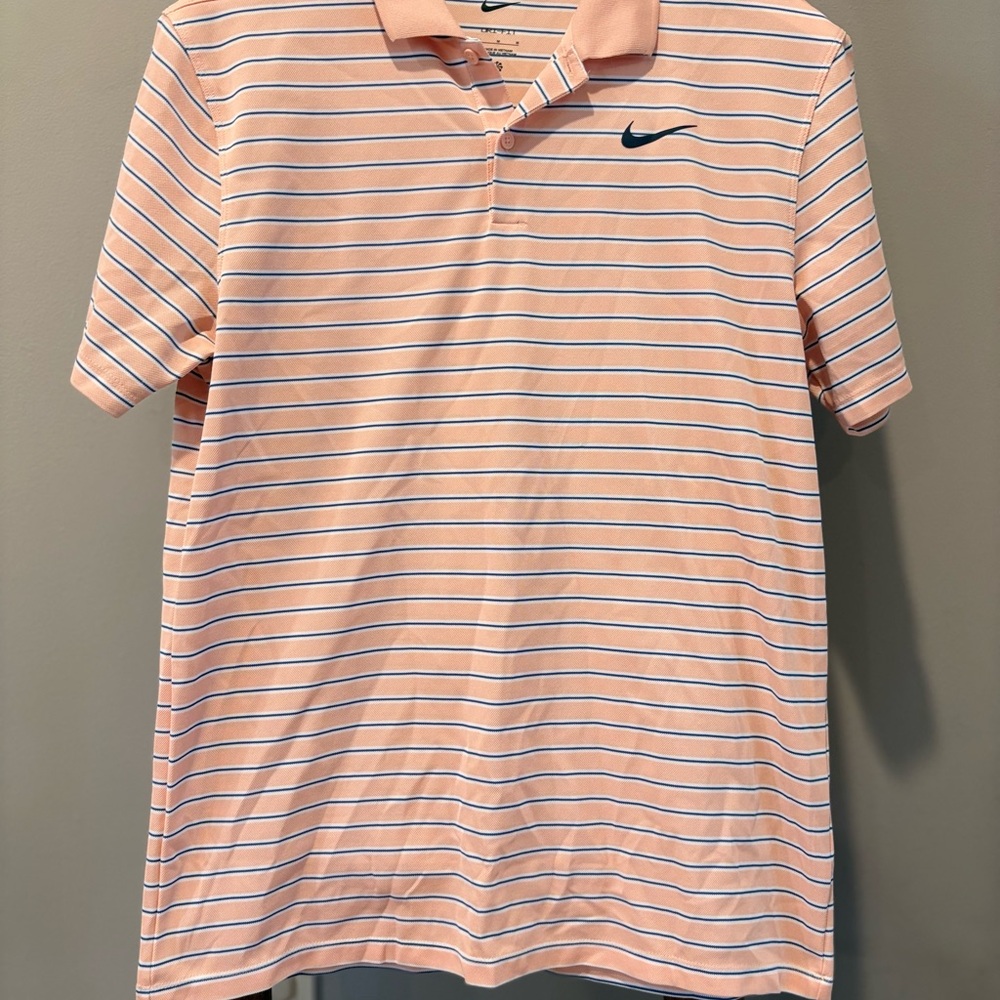 Nike Men's Polo Shirt in Pink and White Stripes